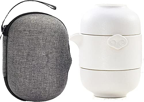 TAMUME Service à Thé de Voyage, Théière et Tasses à Thé en Porcelaine Pour 2 Personnes, avec Pochette de Voyage (Blanc)
