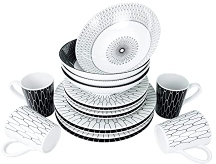 Camp4 Black-White - Set di stoviglie in melamina, 16 pezzi, infrangibili