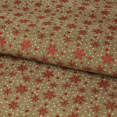 Stoff Meterware Schneeflocken Kristalle Jute - 1 Meter, Jutestoff, Taschen, Tischdecken, Tischläufer, Tischbänder, Kissenbezüge, Deko, Vintage, Rustikal (Weiß Rot - Beige)