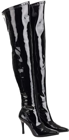 Fun Costumes Women's Thigh High Black Patent 5 Stiletto High Heel Boot, Shiny Faux Leather, Zipper Closure Size 8
