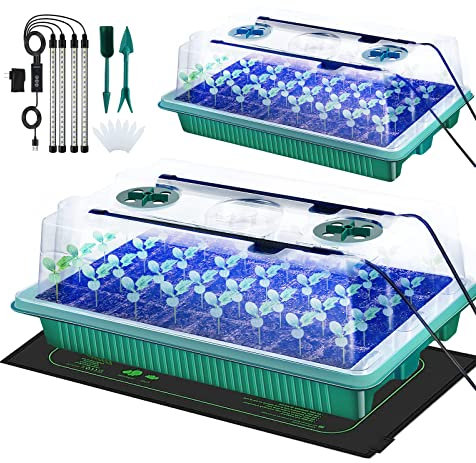 JoliJour Mini Serra Germinazione,Set di 2 Vassoi per Semenzali con 4 Luci di Coltivazione,con Tappeti Riscaldati,Tempo e Illuminazione Regolabili,con Cupola e Base per la Coltivazione dei Semi