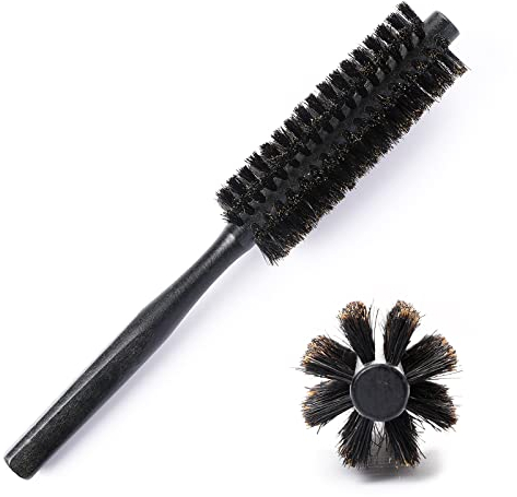 Mozeat Lens Spazzola per capelli rotonda con setole di cinghiale, spazzola per capelli corti e sottili, per barba e barba, manico in legno naturale, dimensioni da viaggio, 21 cm, nero