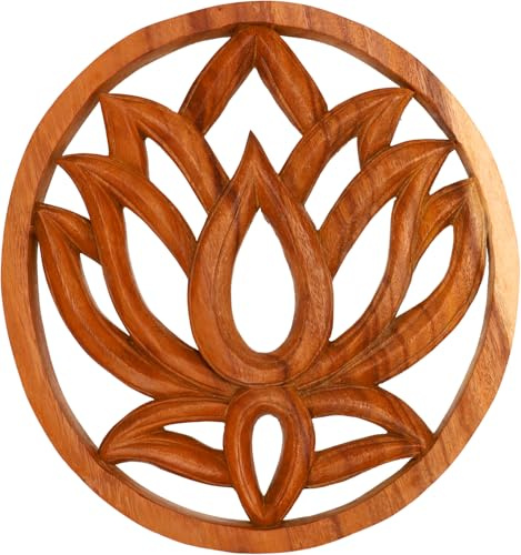 Geschnitztes Wandbild Deko Wandrelief aus Holz, Untersetzer, Lotus 30 cm | Handgeschnitzt aus Indonesien, einzigartiges Design, vielseitig einsetzbar, Unikat mit individueller Maserung