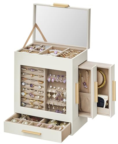 SONGMICS 5-lagige Schmuckschatulle mit Glasfenster, 3 seitliche Schubladen | Schmuck-Organizer mit großem Spiegel, 13 x 20 x 24 cm, Wolkenweiß und Hellbraun, Gisella Collection UJBC172W01
