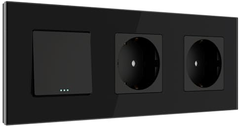 PULSAR Steckdose Doppelt/Lichtschalter Unterputz Schwarz Glas 3-Fach Kombi | Steckdose x2 mit Lichtschalter Unterputz Schwarz Glas 3-Fach, Schalter und Doppel Steckdose 16A mit 4mm Glasrahmen