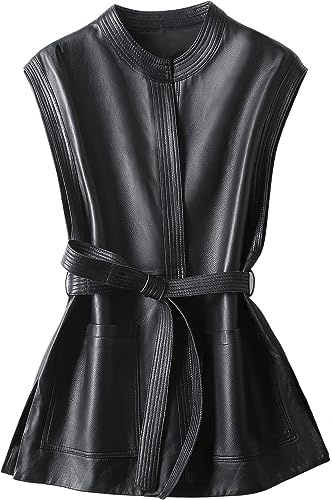 Women’s Black Genuine Sheepskin Round Neck Luxury Elegant Office Smooth Lightweight Sleeveless Belted Leather Vest (US, Alpha, Large, Regular, Regular)