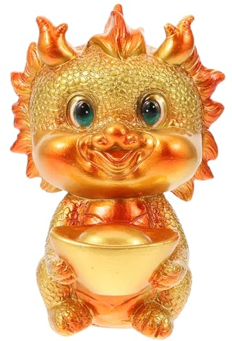 Amosfun Figura de Dragón Chino Dorado 2024 - Año del Dragón Estatua Mini Animal del Zodiaco Feng Shui - Decoración de Mesa para Oficina y Hogar 9 Cm