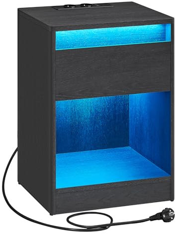 VASAGLE Nachttisch mit Einstellbarer LED-Beleuchtung, Beistelltisch mit Steckdosen, Schublade, 2 AC-Steckdosen, 2 USB-Anschlüsse, modern, für Schlafzimmer, Wohnzimmer, aschschwarz LET618T22