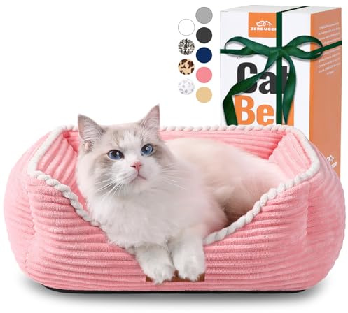 Cat Dog Bed for Pets, Rectangle Pet Bed Gift for Puppy and Kitten, Machine Washable Calming Fluffy Pet Couch Sofa for Indoor Outdoor, Portable Soft Cat Bed with Non-Slip Bottom (Small, Pink)