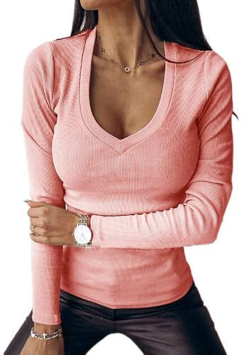 Imily Bela T-shirt à manches longues pour femme, col en V, sexy, élégant, côtelé, coupe ajustée