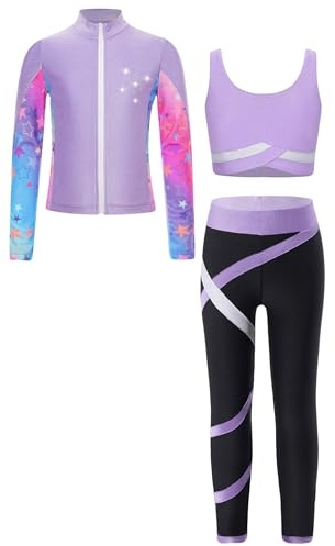 Aiihoo Mädchen Sportanzug Kinder Jogginganzug Crop Top Tank Top Langarm Sweatshirt +Sport Leggings Sporthose Trainingsanzug Yoga Gym Fitness Sport Set Lila 134-140