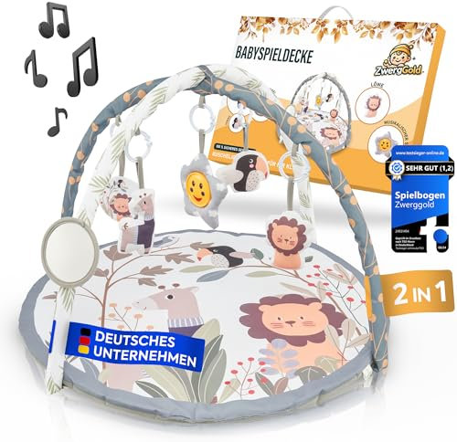 Zwerggold Baby Spielmatte mit Spielbogen [faltbar] - Fördert spielerisch die Entwicklung der Kinder - Mobile Spieldecke mit Anhänger | Baby Play mat, Tummy time Toys | Krabbeldecke, Krabbelmatte