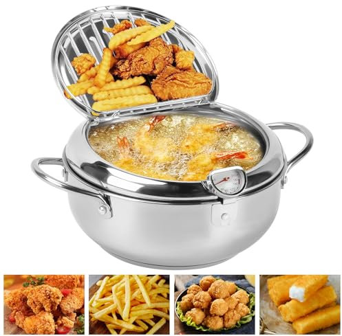 Olla Freidora,Olla para Freír de Acero Inoxidable de Estilo Japonés con Escurridor de Goteo de Aceite y Tapa,Mini olla Freidora Profunda para Freír Tempura,Pollo francés (Plata, 20cm)