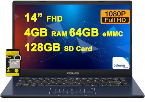 ASUS Vivobook Go 14 Student Laptop 14” FHD Anti-Glare Intel Celeron N4500 4GB RAM 64GB eMMC + 128GB SD Card Type-C Long-Lasting Battery Win11 ICP Accessory