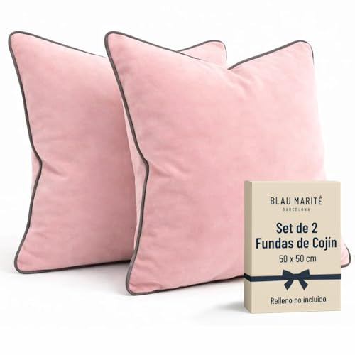Blau Marité Kissenbezüge 50x50 cm – 2er Set aus weichem Samt – Dekokissen mit kontrastierendem Rand – Rosa & Grau – Ohne Füllung