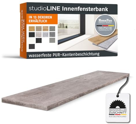 HausFux studioLINE MDF-Innenfensterbank nach Maß - 1,8 cm stark, melaminbeschichtet, mit ABS-Kante - Made in Germany - individueller Zuschnitt (Classic Beton, T x L | 20 x 150 cm)
