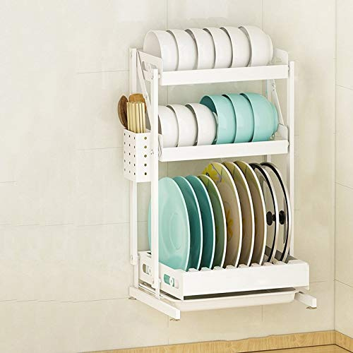 SaryEdge Faltbarer, wandmontierter Geschirrständer, Abtropfgestell an der Wand, 3-lagiges Küchenregal aus Kohlenstoffstahl, mit Essstäbchenkäfig, 56,5 * 28,5 * 33,5 cm(
