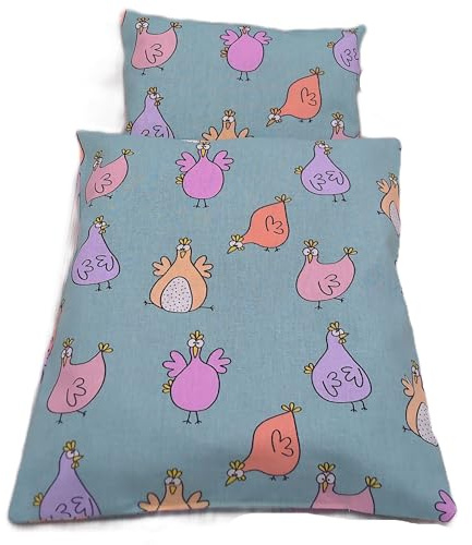 Puppenbettwäsche Verschiedene kindliche Designs, waschbar Decke 32h x 26b, Kissen 16h x 22b (Hühner)
