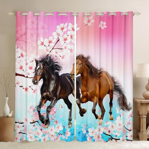 Loussiesd Kinder Pferd Vorhänge für Schlafzimmer Chic Kirschblüte Fenstervorhang 137x117cm Galoppierendes Pferd Gedruckt Blickdichte Vorhänge Wild Tier Verdunkelung Gardinen Rosa Dekor