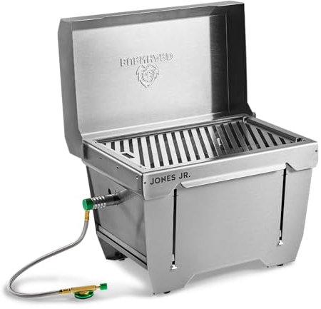 Griglia da campeggio 1-bruciatore BURNHARD® 3,2 kW, 500°C acciaio inox, sistema FitnFire™, ultracompatto, borsa da trasporto, tappetino per griglia – JONES Jr.