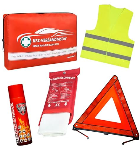 Set di sicurezza per auto con tasca di medicazione, giubbotto di avvertimento, triangolo e estintore da 500 ml, set di pronto soccorso per auto secondo DIN 13164, kit di emergenza per i viaggi