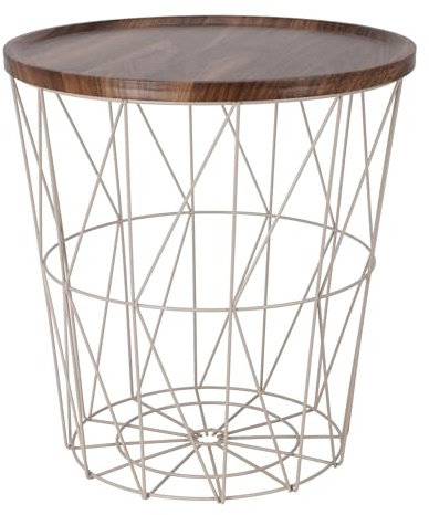 Spetebo Gitterkorb Beistelltisch Metall 39 cm, Creme, Holz Optik braun