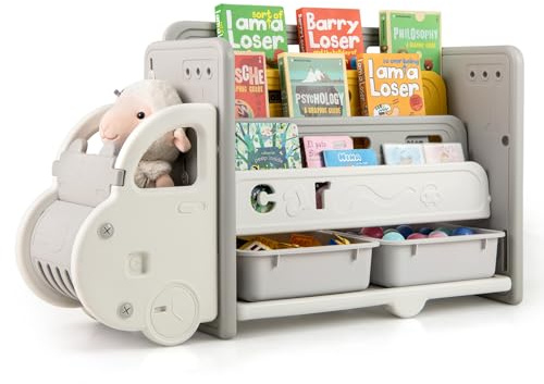 DREAMADE Kinderbücherregal, Autoförmiges Kinderregal mit 3-stufigem Regal, 2 Aufbewahrungsboxen, dekorativem Auto-Kopf & Rädern, Spielzeugregal Aufbewahrungsregal für Kinderzimmer, Spielzimmer