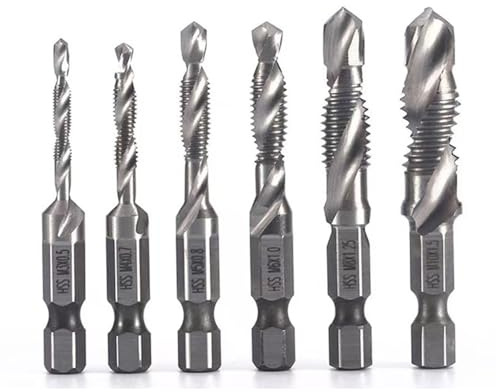 6 Stück Gewindebohrer Set, Kombigewindebohrer mit Sechskantschaft, M3x0.5/M4x0.7/M5x0.8/M6x1.0/M8x1.25/M10x1.5, Hochgeschwindigkeitsstahl, Bohren und Gewindeschneiden, für Metall, Holz usw