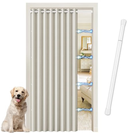 JCyh Cortina Acordeón para Puerta Interior Opaca- Cortina Térmica y Aislante Acústica con Barras Telescópicas - Look Lino para Cocina, Sala de Estar y como Separador de Ambientes, Blanco Natural