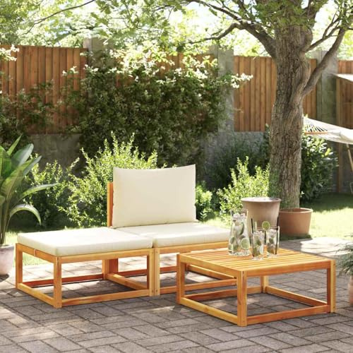 Holamys 3-TLG. Gartensofa-Set Akazie & Seil, Holz Loungesofa mit Kissen, modularer Outdoor-Möbel für Terrasse, 110 kg Tragkraft, Creme
