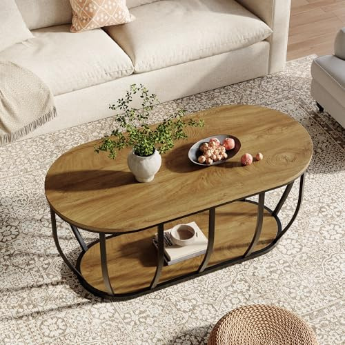 Tribesigns Mesa de Centro con Almacenaje de 2 Niveles, Mesa de Salón Ovalada de Estilo Industrial, 120 × 60 × 50 cm, con Base Curva de Metal para Salón, Oficina en Casa, Marrón Rústico