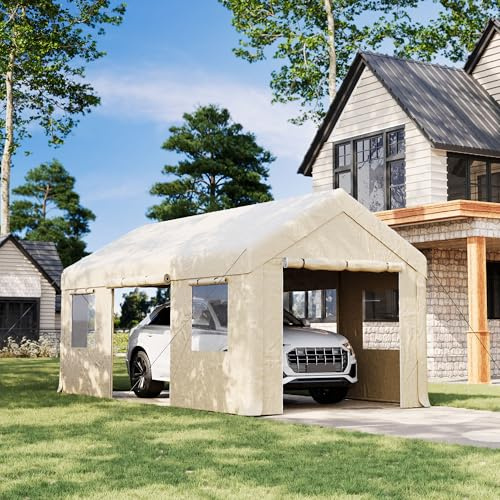 10x20ft Heavy Duty Carport, Reinforced Frame, Weatherproof Canopy with Roll-up Ventilated Windows & Sidewalls, Easy Assembly Portable Car Shelter for Garage/Storage/Party