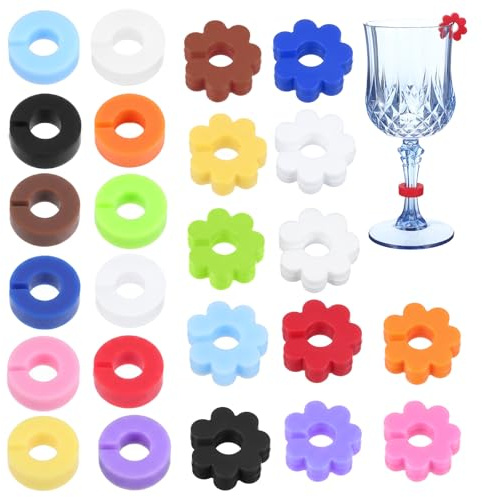 JJUNW 24 Stück Glasmarkierer Silikon, Glas Markierung | Wiederverwendbar Glasmarker Für Trinkgläser Weinglas Champagnergläser Cocktailglas Bar Party Deko Glas Markierung