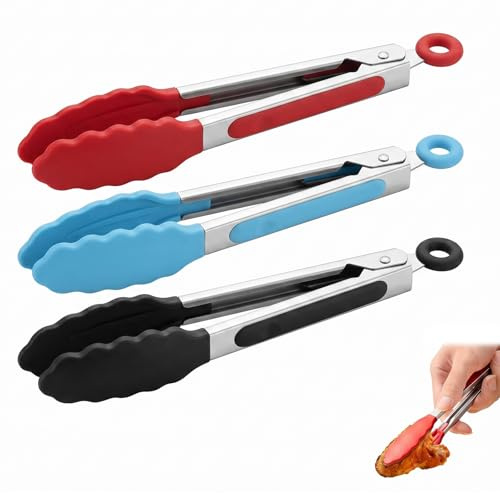 ITCGOB Set di 3 Pinze da Cucina in Acciaio Inox, Pinza Cucina 18cm (7 Pollici) per Barbecue, Friggitrice ad Aria e Insalata, Pinze Professionali con Impugnatura in Silicone, Nero Rosso Azzurro