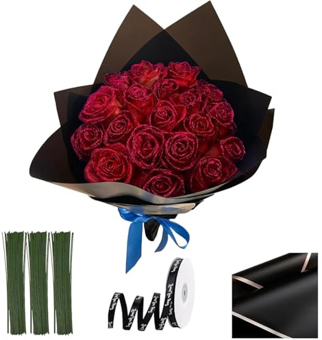 Ngbbby Roter glitzernder Rosenstrauß – 20 Stück 24, 1 cm glänzende Rosen mit Stiel, Geschenkbändern und Papier für Jahrestag, Hochzeit