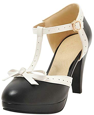 LOVOUO Femme Chaussure Mary Jane Escarpin Rockabilly Vintage Rétro Talon Bloc Lanière Carré Haut Plateforme Chunky avec Noeud Boucle 9CM(Noir,37)