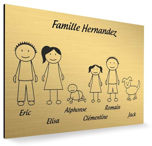 Plaque de maison Family personnalisée avec 6 membres pour boite aux lettres - Format 12x8 cm - Plaque Or - Lettres noires