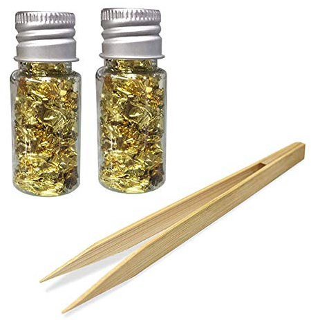2 Flaschen Essbare Blattgold Flocken, 24 Karat Gold Flocken Essbare zum Basteln Lebensmittel Dekorfolie Papier Küche Mousse Kuchen Backen Gebäck Kunsthandwerk Decor (Hergeben Pinzette)
