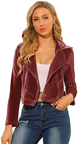 Allegra K Women's Velvet Moto Jacket Cropped Blazer Zip Up Motorcycle Lapel Collar Winter Dressy Jackets Coat 2025 Medium Pink
