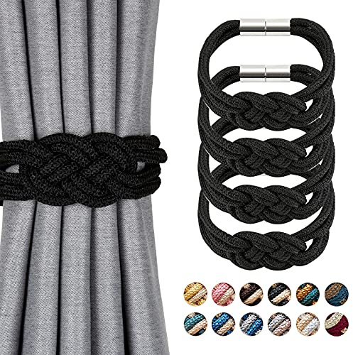 Pretty Jolly 4 Stück Starke Magnetische Raffhalter für Vorhänge, Dekorative Vorhang-Raffhalter, Handgewebtes Seil, Knoten-Vorhanghalter für Zuhause und Büro, Fenstervorhänge (Schwarz)