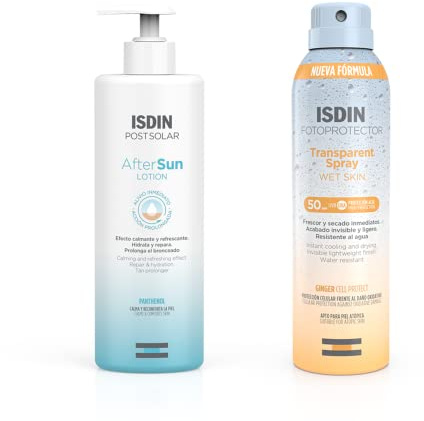 ISDIN After Sun Lotion, Efecto calmante y refrescante, hidratación y reparación intensa - 400 ml+Fotoprotector Transparent Wet Skin SPF 50 - Protector solar Corporal, Spray transparente