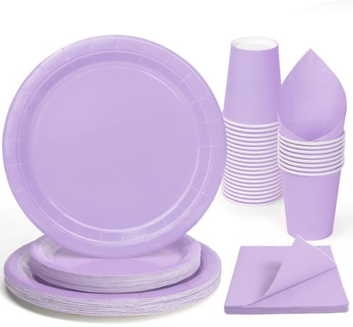 PARTY GO 96 Pcs Purple Paper Plates, Party Plates Cups and Napkins Disposable Party Tableware Set Supplies for Birthday Wedding Holiday Graduation Baby Shower Decorations Serve 24 Guests