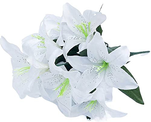 HomeSoGood 2 Bouquets 10 Heads Silk Lilies Artificial Flowers Fake Bouquet Bunch Wedding Home Party Decoration(17.7inch,White)