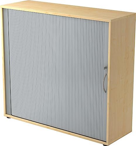 bümö Aktenschrank abschließbar mit Rollladen, Rollladenschrank für Ordner & Co. - Büroschrank mit Rollo, abschließbarer Ordnerschrank aus Holz in Ahorn/Silber mit Bogengriff