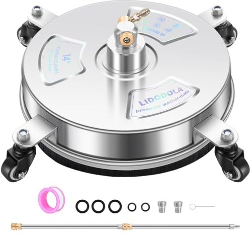 LidoDola Hochdruckreiniger Oberflächenreiniger mit 4 Rädern – Edelstahl-Oberflächenreiniger für Hochdruckreiniger-Befestigung für Beton, Terrasse, Gehweg, Deck und Einfahrten (35,6 cm, Silber)