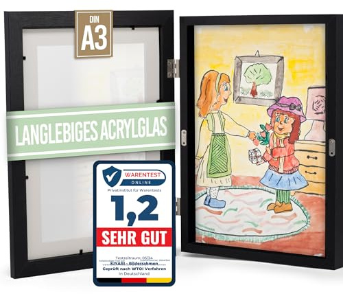 KIYARI Bilderrahmen Kinderzeichnungen A3 Holz Schwarz Frontöffnung | A3 Bilderrahmen aus Holz, Magnetische Frontöffnung, Platz für bis zu 150 Bilder, Bruchsicheres Acrylglas