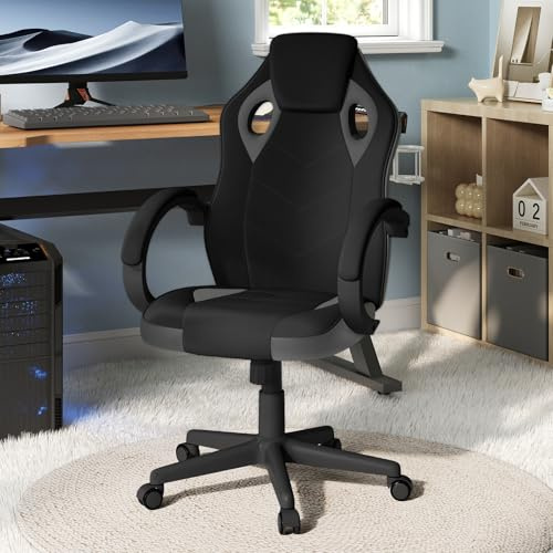 WOLTU Sedia Gaming, Sedia per PC, Ergonomica con Tessuto Traspirante, Altezza Regolabile, Ruote, Schienale, Braccioli e Funzione Basculante, Nero+Grigio