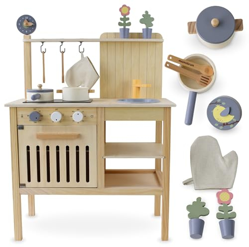 Mamabrum Cuisine en Bois Style Bohème - Kit avec Poêle, Casserole, Ustensiles, Accessoires Décoratifs - Jeu d'Imitation Intérieur/Extérieur 3+ Ans (10 Articles)