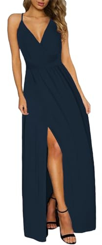 JENJON Femme Robe à Epaules Dénudées Col V Elegant Manches Courtes Casual Robes Solide de Vacances sans Manche Eté A-Bleu-1 M