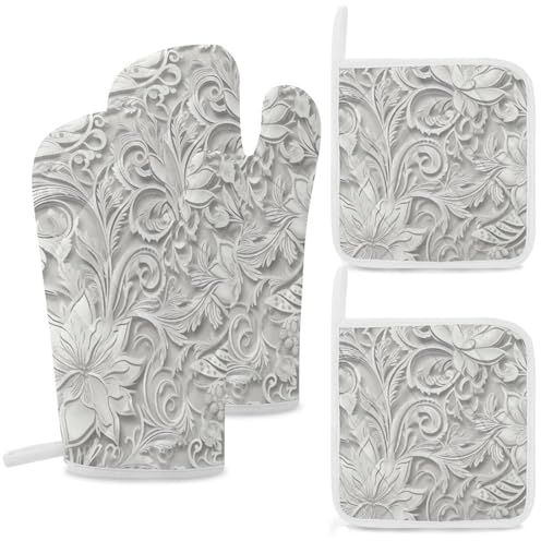 Ofenhandschuhe und Topflappen, hitzebeständig, Ofenhandschuh und Topflappen, weißes Blumenmuster, Grillhandschuhe, heiße Pads, Kochhandschuhe für Küche, Backen, Grillen, 4-teilig